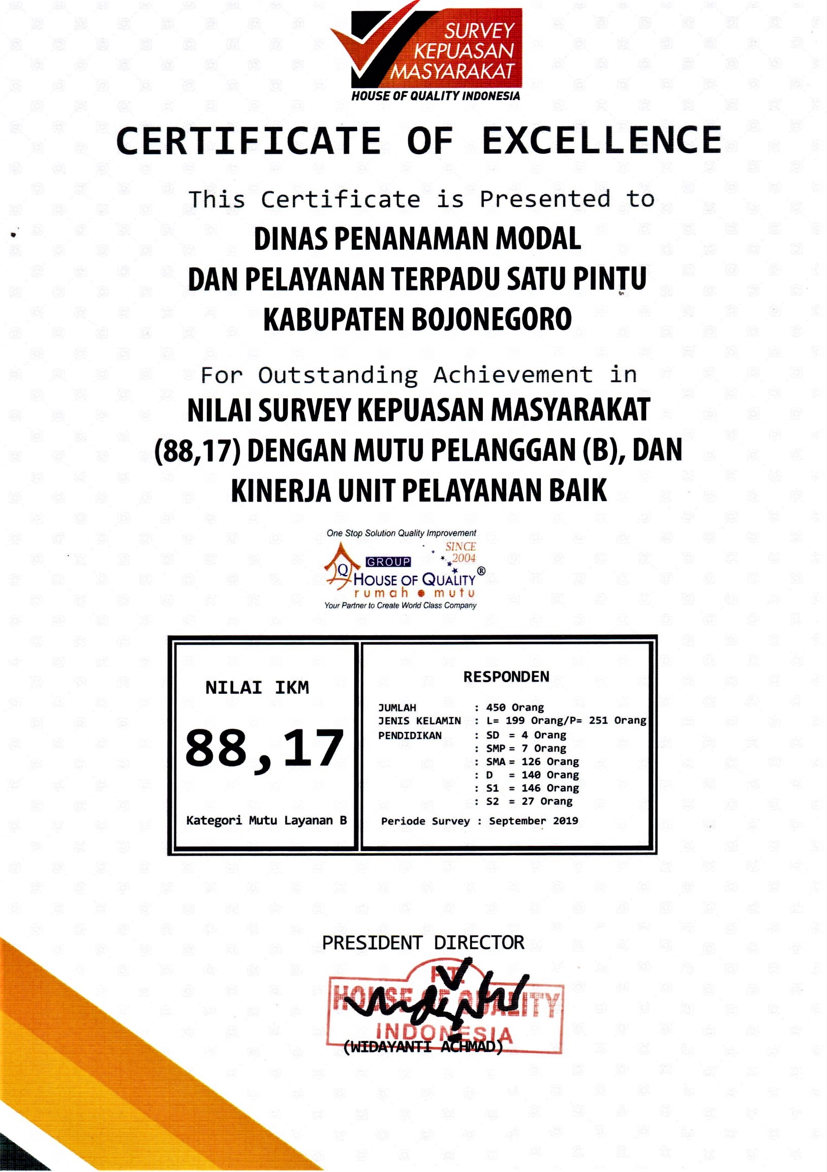 INDEKS KEPUASAN MASYARAKAT DPMPTSP KAB. BOJONEGORO TAHUN 2019