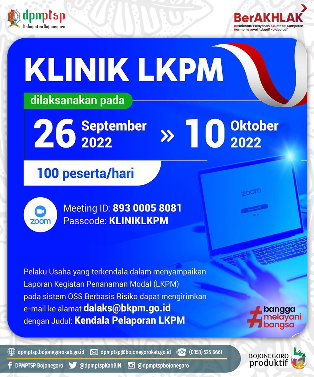 KONSULTASI VIRTUAL (KLINIK LKPM) MELALUI ZOOM MULAI TANGGAL 26 SEPTEMBER 2022 HINGGA 10 OKTOBER 2022