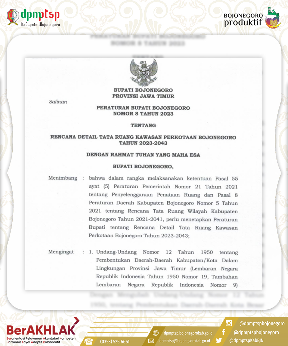 PERBUP 8 TAHUN 2023 TENTANG RENCANA DETAIL TATA RUANG KAWASAN PERKOTAAN BOJONEGORO TAHUN 2023-2043