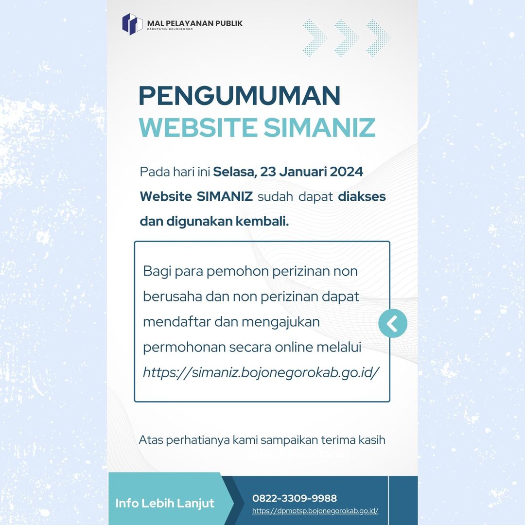 PENGUMUMAN WEBSITE SIMANIZ BOJONEGORO SUDAH DAPAT DIGUNAKAN KEMBALI