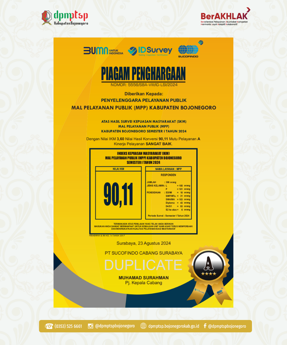 SURVEI KEPUASAN MASYARAKAT MPP KAB. BOJONEGORO SEMESTER I 2024
