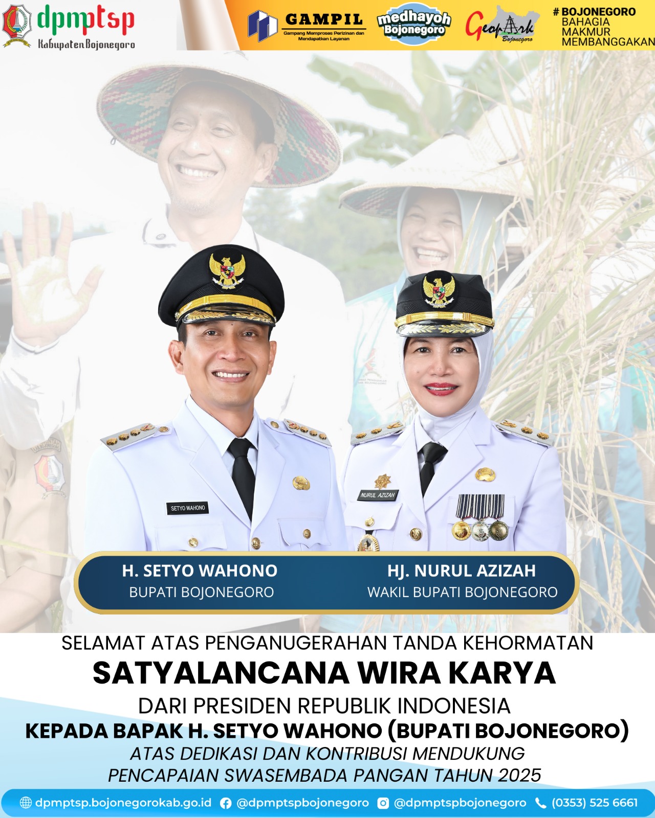 Bupati Bojonegoro Terima Satyalancana Wira Karya dari Presiden RI, Sukses Tingkatkan Pertanian